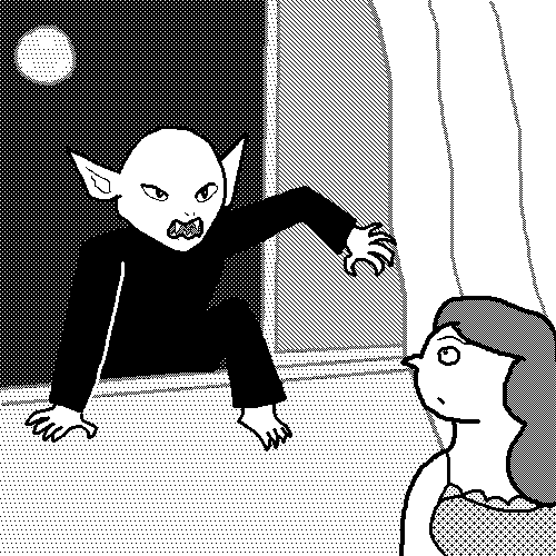Nosferatu entrando pela janela de uma casa de uma inocente donzela