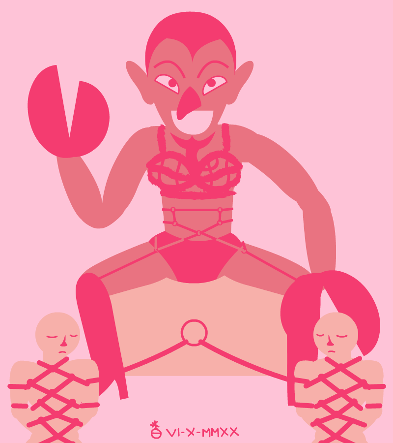 um demônio de lingerie com duas pessoas amarradas e acorrentadas próximas a ele