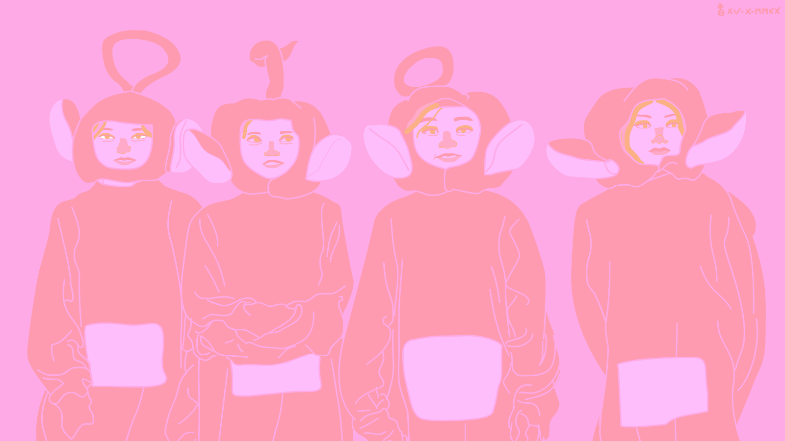 integrantes de um grupo de kpop estão fantasiadas de teletubbies