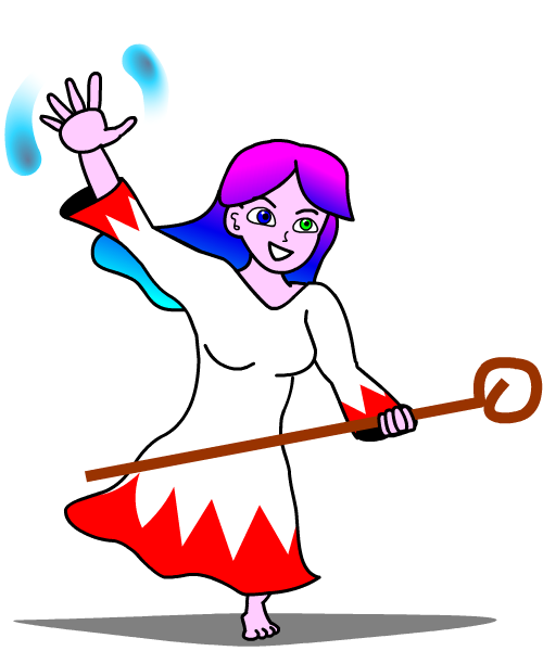Uma mulher alegre correndo e usando um robe branco com detalhes em vermelho está segurando uma bengala e está prestes a lançar uma magia