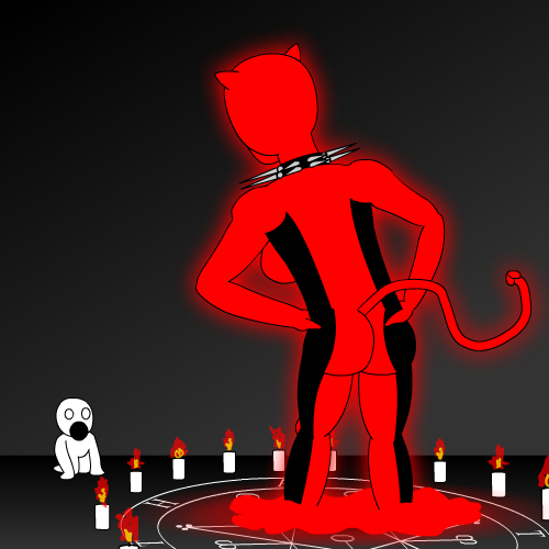Uma demônio em látex vermelho e preto com pequenos chifres na cabeça e um rabo fálico está dentro de um círculo de invocação rodeado por velas acesas. Uma pessoa de joelhos ao longe está chocada com a visão demoníaca